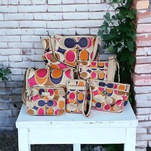 Coach Multicolor Part Op Art Satin and Leather Carrie 6pc Tote Set